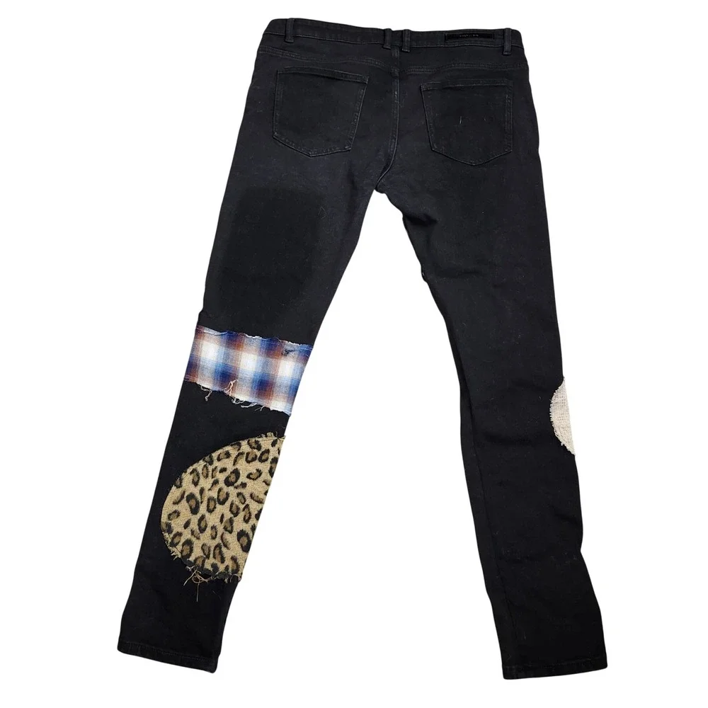 Embellish Trey Black Cargo Patchwork Jeans Leopard Plaid‎ Size 36 Streetwear